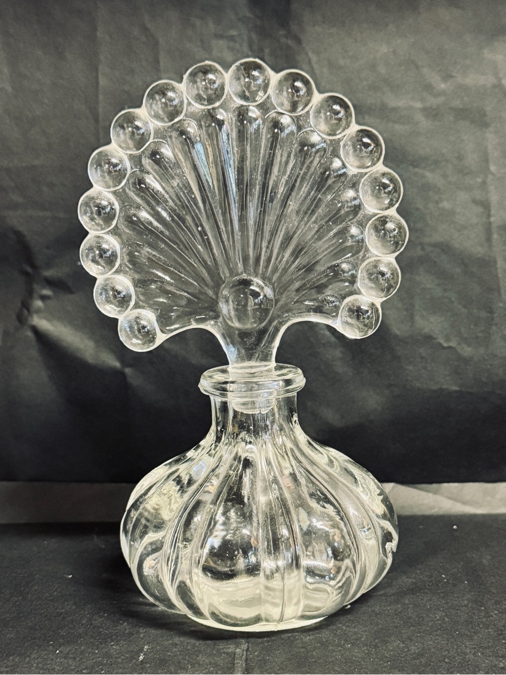 Vintage 1930s Art Deco Pressed Glass Perfume Bottle w/Peacock Fan Stopper